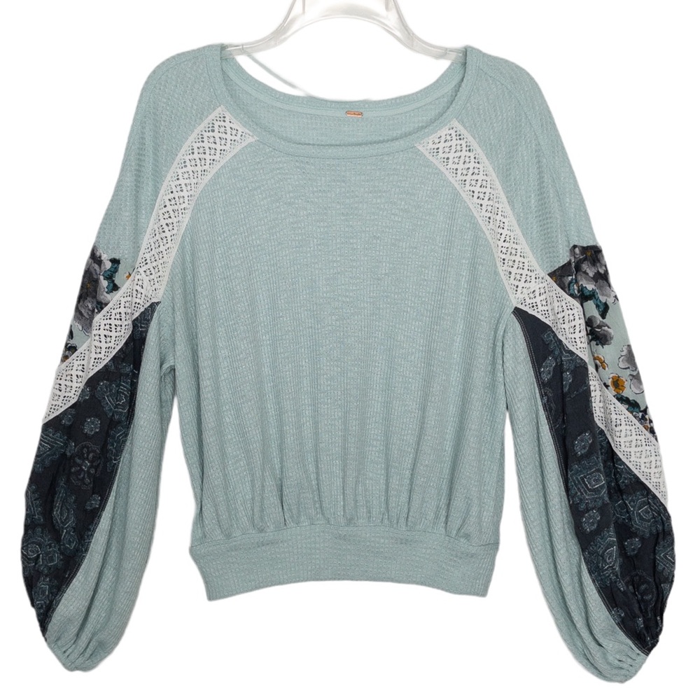Free People Casual Clash Thermal Knit Tunic Top Mint Green Balloon Sleeve - Picture 2 of 12